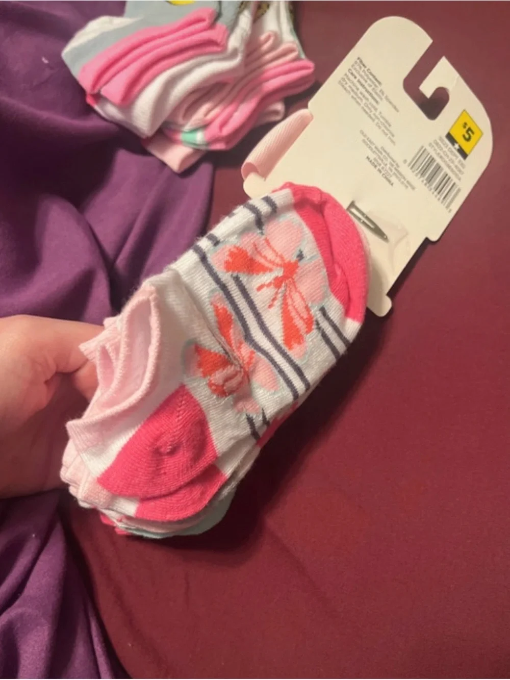 Girls No Show Socks & Hair Bow Set - Pink, Coral, Gray